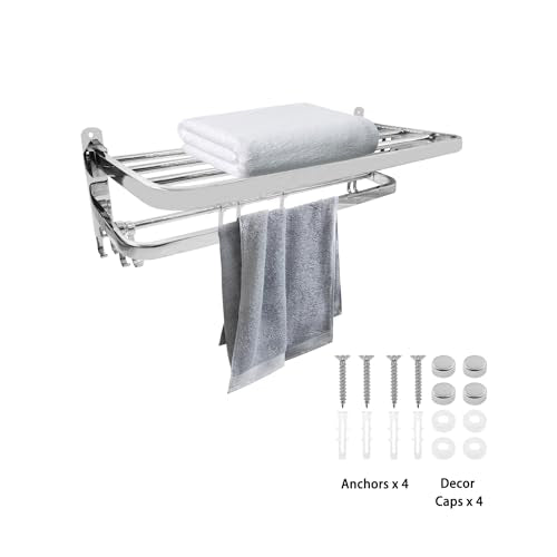 Foldable Towel Rack,Towel Hanger Towel Shelf with Double Towel Bars and Movable Hooks for Bathroom Lavatory,TTZEZE SUS304 Rustproof Modern Brushed Finish Towel Holder Wall Mount Silver (58cm/22.83'') - size: 58cm/22.83''