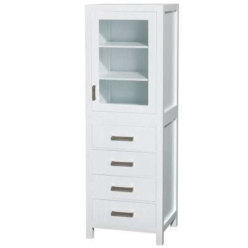 Wyndham Collection Sheffield 24 inch Linen Tower in White with Shelved Cabinet Storage and 4 Drawers - color: White With Brushed Chrome Trim