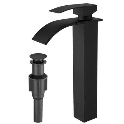 RUMOSE Tall Bathroom Faucet Vessel Sink Faucet with Drain, Matte Black | Modern Single Handle One Hole Bathroom Faucet Waterfall Rv Lavatory Vanity Faucet Mixer Tap, Pop Up Drain, Stainless Steel - color: Matte Black