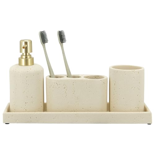 -Beige Bathroom Accessories Set 4 Pcs - Toothbrush Holder, Soap Dispenser, Vanity Tray, Bathroom Tumbler - Countertop Vanity Organizer - Bathroom Accessory Set- Toothbrush Holder Set, Stone Sets - color: Beige, size: 4pcs