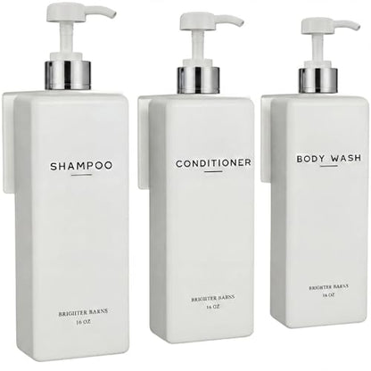 Luxury Shampoo and Conditioner Dispenser Set Wall Mounted by Brighter Barns - Shower Bottles 3 Chamber No Drill - Refillable Shampoo Dispenser for Shower Wall, Vacation Home, Spa, Hotel (White/Silver) - color: White/Silver