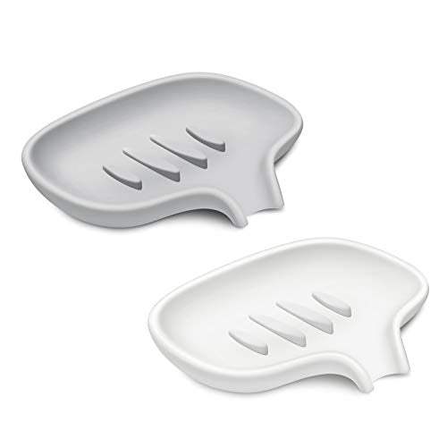 Silicone Soap Dish,Bar Soap Holder for Shower,2 Pack White+Grey | Bar Soap Holder for Shower with Draining,Soap Tray for Kitchen Sink - color: White + Gray(style 1)