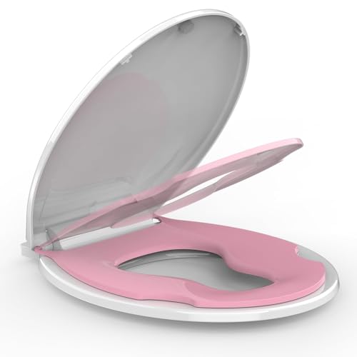 17" Round Toddler Toilet Seat, Built-In Potty Training Seat with Soft Quiet Close Non-Slip Design, Magnetic Kids Seat and Cover for Family Bathrooms, Durable and Easy to Clean,Pink - color: Pink, with Toddler Seat, size: Round (17″)