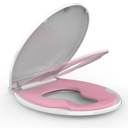 17" Round Toddler Toilet Seat, Built-In Potty Training Seat with Soft Quiet Close Non-Slip Design, Magnetic Kids Seat and Cover for Family Bathrooms, Durable and Easy to Clean,Pink - color: Pink, with Toddler Seat, size: Round (17″)