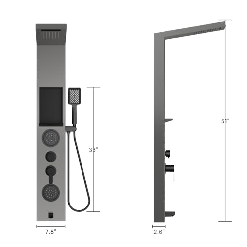 ELLO&ALLO Shower Panel System Tower with Shelf, Rainfall and Waterfall Head Rain Massage Stainless Steel Bathroom Fixtures with Adjustable Body Jets, Brushed&Black - color: Brushed&Black
