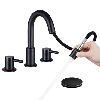 Bathroom Faucet 3 Hole with Pull Down Sprayer, Oil Rubbed Bronze | Lead-free stainless steel, pop-up drain, 2-handle, 360°swivel, 8-inch widespread Faucet for RV/vanity sink, 3-hole mount - color: 2-Oil Rubbed Bronze, style: 8 Inch Pull Down