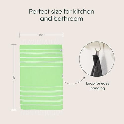 WETCAT Turkish Hand Towels with Hanging Loop, Set of 2 (20" x 30") 100% Turkish Cotton, Pre-Washed, Quick Drying, for Kitchen or Bathroom - Lime Green - color: Lime Green