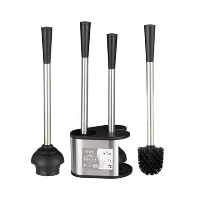 J&V TEXTILES 2-in-1 Toilet Plunger and Brush Set, Extended Stainless Steel Handle, Black Bathroom Cleaning Tools with Storage Holder, Heavy Duty Combo Pack