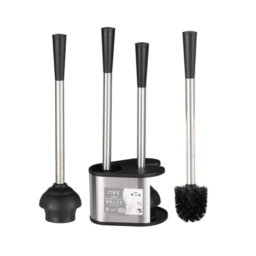 J&V TEXTILES 2-in-1 Toilet Plunger and Brush Set, Extended Stainless Steel Handle, Black Bathroom Cleaning Tools with Storage Holder, Heavy Duty Combo Pack