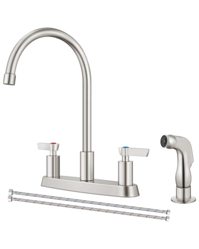 Kitchen Faucet with Side Sprayer, 8 Inch Centerset 4-Hole Nickel | Lead-Free 4-Hole High Arc Kitchen Sink Faucet, 1.8 GPM, 360° Spout - color: Nickel