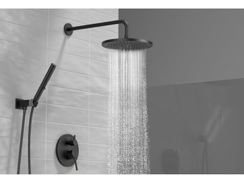 Lava Odoro Modern Rain Shower System Faucet Set, SF104-MB | 2-Setting Round Shower Valve Trim Kit, Matte Black Shower Head Set with Sprayer, 10 Inch, Rough-in Valve Included - color: Matte Black, style: Without Tub Spout