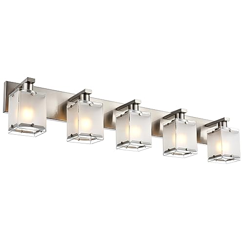 5-Lights Bathroom Vanity Light Fixtures, Modern Brushed Nickel Wall Sconce Lighting with Rectangular Frosted Glass Shades, E26 Bulb Base - color: Brushed Nickel, Frosted Glass, size: 5-Lights