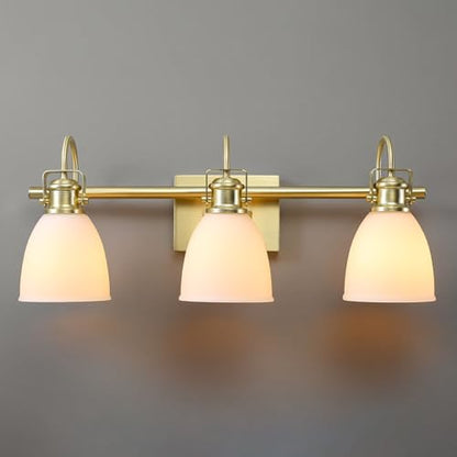 Globe Electric 4-Piece All-in-One Bathroom Set, Matte Brass, 3-Light Vanity Light with Frosted Opal Glass Shades, Towel Bar, Toilet Paper Holder, Towel Ring - color: Matte Brass, Frosted Opal Glass
