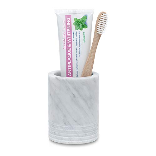 Marble Toothbrush Holder Makeup Brush Stand Bathroom Countertop Organizer | 100% Genuine Natural Marble, Durable and Sturdy, SPA Luxury Tumbler, Easy to clean, Multi-use Storage Cup, Non-slip Pads