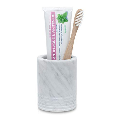 Marble Toothbrush Holder Makeup Brush Stand Bathroom Countertop Organizer | 100% Genuine Natural Marble, Durable and Sturdy, SPA Luxury Tumbler, Easy to clean, Multi-use Storage Cup, Non-slip Pads
