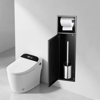Recessed Toilet Paper Holder Plus Toilet Brush Storage,Black | Inner size 6*23.38*4.94in (L*H*D), Built-in Toilet Paper Dispenser, Modern and Space-saving, Includes Toilet Brush