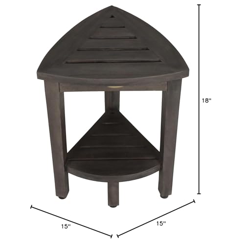 CoastalVogue Snazzy Corner Gray Teak Shower Bench with Storage Shelf | Crafted from 100% solid plantation teak, this corner shower seat resists moisture and outperforms bamboo