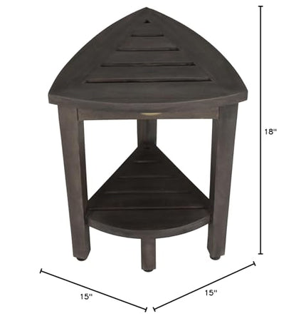 CoastalVogue Snazzy Corner Gray Teak Shower Bench with Storage Shelf | Crafted from 100% solid plantation teak, this corner shower seat resists moisture and outperforms bamboo