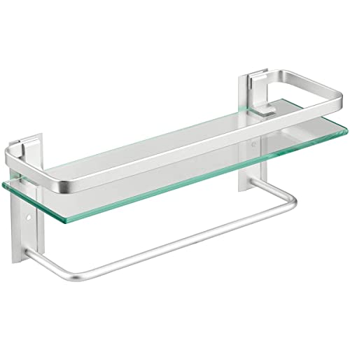 Glass Shelf with Towel Bar 15.7in Silver Bathroom Shelf Wall Mount Rustproof Bathroom Wall Organizer 1 Tier (Silver) - style: 1 tier with towel bar silver