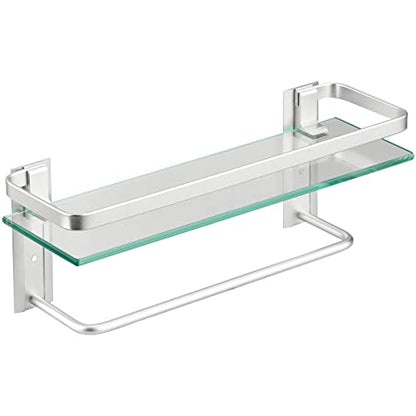 Glass Shelf with Towel Bar 15.7in Silver Bathroom Shelf Wall Mount Rustproof Bathroom Wall Organizer 1 Tier (Silver) - style: 1 tier with towel bar silver