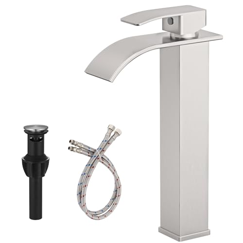 Brushed Nickel Bathroom Vessel Sink Faucet Modern Waterfall Vessel Faucet | Stainless Steel Tall 1 Hole Single Handle Vanity Lavatory Modern Commercial Mixer Tap With Pop Up Drain by BATHLAVISH - color: Brushed Nickel, size: Modern Vessel Sink Faucet