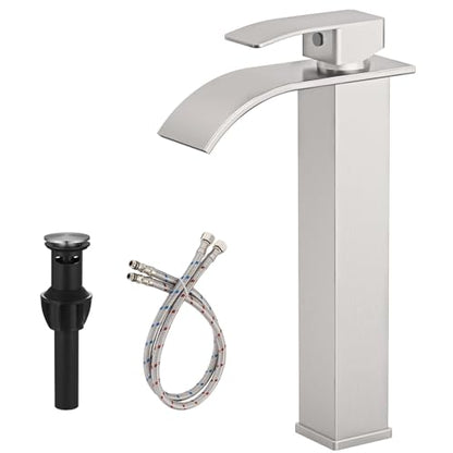 Brushed Nickel Bathroom Vessel Sink Faucet Modern Waterfall Vessel Faucet | Stainless Steel Tall 1 Hole Single Handle Vanity Lavatory Modern Commercial Mixer Tap With Pop Up Drain by BATHLAVISH - color: Brushed Nickel, size: Modern Vessel Sink Faucet