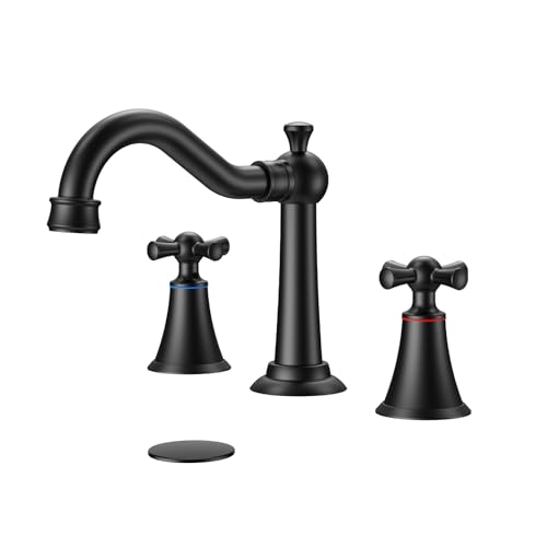 Hurran 8 Inch Widespread Bathroom Sink Faucet Matte Black, 3 Hole 2 Cross Handles Classic Vintage Antique Faucet with Metal Pop Up Drain and Supply Hoses for Vanity, RV, Farmhouse - color: Black, size: 8in