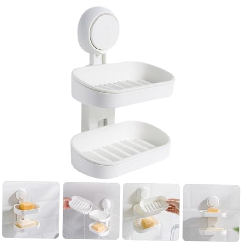 Double-Layer Wall Mount Soap Dish Holder with Suction Cup No Drilling Bathroom Soap Box for Shower Abs Material Draining Tray Extends Bar Life Easy Install Organizer