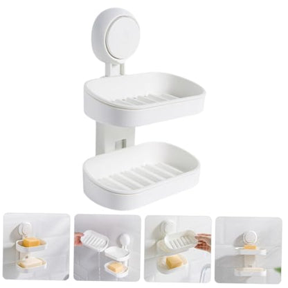 Double-Layer Wall Mount Soap Dish Holder with Suction Cup No Drilling Bathroom Soap Box for Shower Abs Material Draining Tray Extends Bar Life Easy Install Organizer