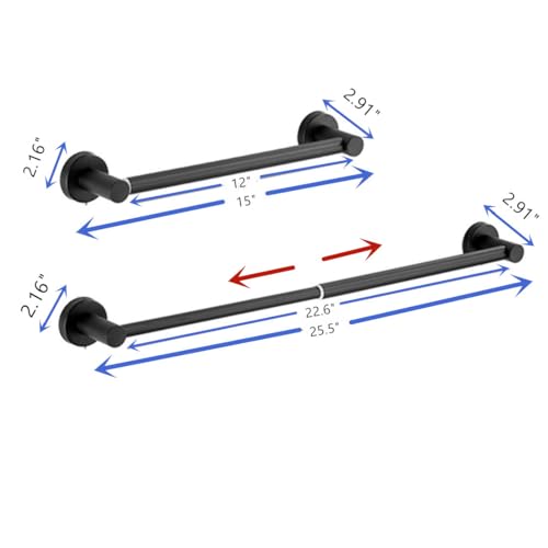 Towel Bar, Adjustable 15inch - 25.5inch Towel Rack, Self Adhesive Wall Mounted for Bathroom Kitchen Hand Towel Holder Cloths Hanger 304 Stainless Steel Organizer Single Bar (1PCS, Matte Black)