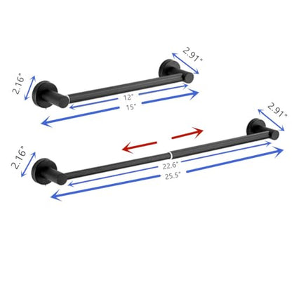 Towel Bar, Adjustable 15inch - 25.5inch Towel Rack, Self Adhesive Wall Mounted for Bathroom Kitchen Hand Towel Holder Cloths Hanger 304 Stainless Steel Organizer Single Bar (1PCS, Matte Black)