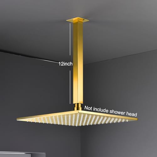 Enga Brass 12 Inch Ceiling Mount Shower Arm and Flange, Square Rain Shower Head Arm, Bright Gold - color: Polished Gold, style: 12 Inch