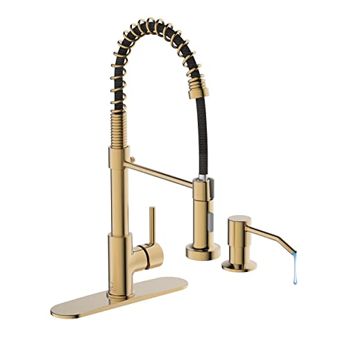 Kitchen Faucet, Brushed Gold Kitchen Faucet with Soap Dispenser and Deck Plate, Faucet for Camper Farmhouse RV Kitchen Sink, Single Handle Stainless Steel Kitchen Sink Faucets with Pull Down Sprayer - color: C-Brushed Gold, style: Contemporary