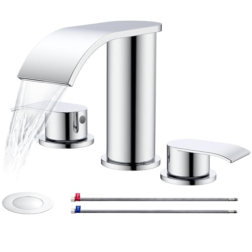Ultimate Unicorn 8 inch Bathroom Faucet Chrome, Waterfall Bathroom Faucet with Metal Pop-up Sink Drain Stopper and 2 Supply Hoses,2 Handle Widespread Faucets for Vanity Sink 3 Holes | Waterfall Bathroom Faucet with Metal Pop-up Sink Drain and 2 Supply Hos