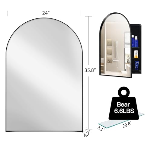 Arched Medicine Cabinet, Recessed Medicine Cabinet Surface Mount Medicine Cabinet with Mirror and Adjustable Shelves Medicine Cabinet Wall Mounted Bathroom Mirror Cabinet, 24x36 Inch (Black) - color: Black