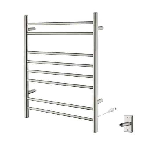 Kibi 24 Inch Wall-Mounted Electric Towel Warmer Rack– 8-Bar 304 Stainless Steel, ETL-Certified, Hardwired or Plug-in, Fast-Heat Up to 122 Degrees F – Heated Towel Rack for Bathroom (Brushed Nickel) - color: Brushed Nickel