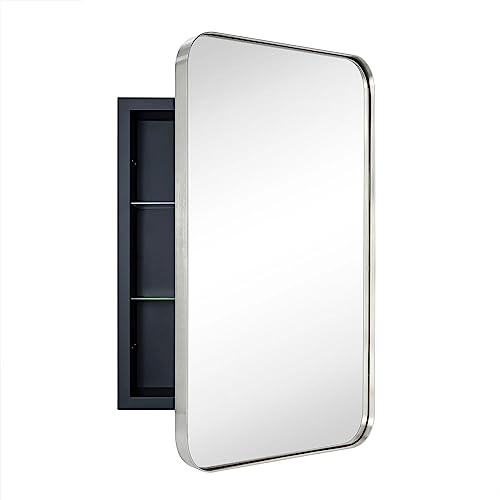 Brushed Nickel Rectangle Recessed Bathroom Medicine Cabinet with Mirror Stainless Steel Metal Framed Rounded Rectangular Bathroom Cabinet with Mirror 16x24'' - color: Brushed Nickel, size: 16'' x 24''