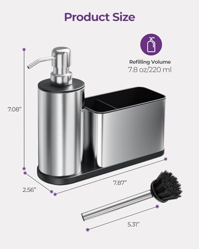 Kitchen Sink Caddy Organizer Stainless Steel Dish Soap Dispenser Set-3 in 1 | Kitchen Soap Dispenser,Sponge Holder for Kitchen Sink with Dish Brush,Dish Brush Holder-Rustproof,Multifunctional