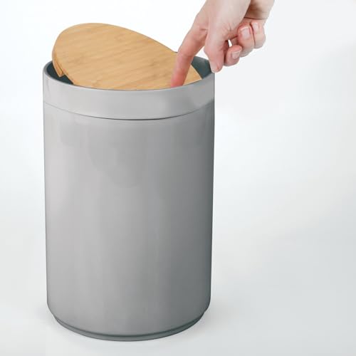 mDesign Plastic Round Trash Can Small Wastebasket - Garbage Bin Container with Swing-Close Lid - Bathroom Garbage Basket - Holds Waste, Recycling - 1.3 Gallon - Basa Collection - Gray/Natural - color: Natural/Grey