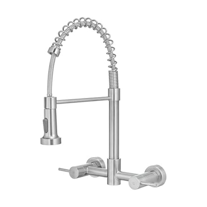 AIMADI Wall Mount Kitchen Faucets, 8-Inch Center | Wall Mount Kitchen Sink Faucet with Pull-Down Sprayer,Modern Stainless Steel Design Double Lever Control - color: Brushed Nickel