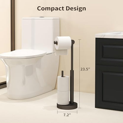 Toilet Paper Holder Stand with Storage & Weighted Base, Matte Black | Free Standing Stainless Steel Design with Open-Ring Arm for Easy Roll Replacement - color: Matte Black