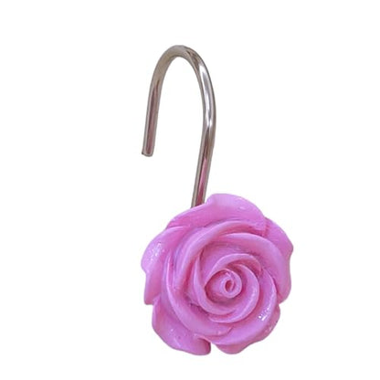 Twofish Home Pink Rose Flower Shower Curtain Hooks Anti Rust Shower Curtain Hooks Decorative Resin Pink Rose Flower Shower Curtain Rings Set of 12 - color: Pink Rose