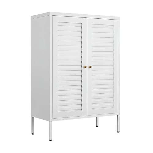 VASAAOSD Metal Bathroom Storage Cabinet, 40.1” Floor Buffet Cabinet White | Adjustable Shelves, Metal, Fluted Doors, Small Storage Sideboard for Bathroom, Kitchen, Living Room, Dining Room, Entryway