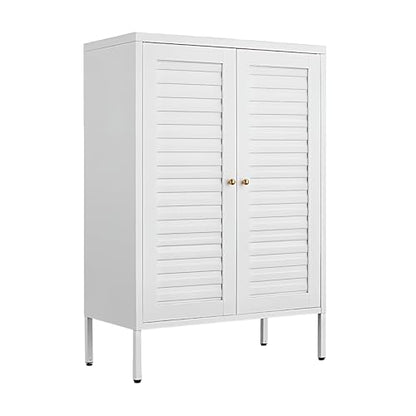 VASAAOSD Metal Bathroom Storage Cabinet, 40.1” Floor Buffet Cabinet White | Adjustable Shelves, Metal, Fluted Doors, Small Storage Sideboard for Bathroom, Kitchen, Living Room, Dining Room, Entryway
