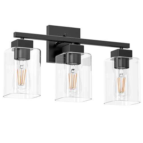 Matte Black Bathroom Vanity Light, 3-Light Vanity Lighting fixtures Over Mirror, Square Design & UL Certification, Wall Sconces with Clear Glass Shades, E26 Socket (Bulbs Not Included) - color: Black, size: 3 Light