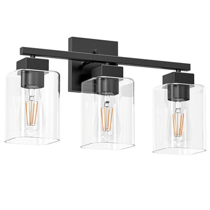 Matte Black Bathroom Vanity Light, 3-Light Vanity Lighting fixtures Over Mirror, Square Design & UL Certification, Wall Sconces with Clear Glass Shades, E26 Socket (Bulbs Not Included) - color: Black, size: 3 Light