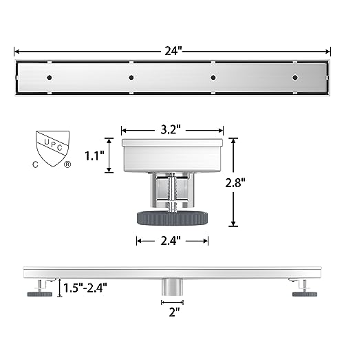 24 Inch Linear Shower Drain with Tile Insert Grate, Brushed | 304 Stainless Steel, Rectangle Tile Floor Drain for Bathroom, with Hair Strainer, Adjustable Feet, cUPC Certified - size: 24 inch