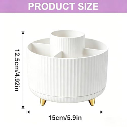 360 Rotating Makeup Brush Holder Organizer, 5-Slot Spinning Cosmetics Cup for Makeup Brushes, Nail Polish & Art Supply, Bathroom Vanity Desktop Organizer, White