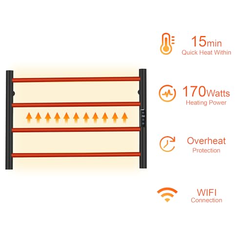Electric Towel Rack with Voice Control for Alexa & Google Home,TUYA - Wall-Mounted Bathroom Heating Towel Warmer,Plug-in,Stainless Steel Material,16.54x23.62x5.51 in,Black,4 Bars - color: Black With Wifi, size: 4 Bar