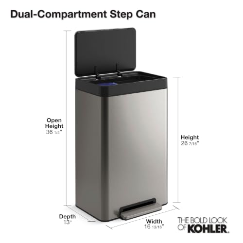 Kohler 20956-STW 11 Gallon Dual Compartment Trash Can, Quiet-Close Lid, Trash Can with Soft-Close and Foot Pedal, Stainless and White - color: White Stainless Steel, size: 11 Gallon - Dual Compartment